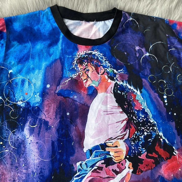 Michael Jackson Abstract Portrait Watercolor Drawing Graphic Black Tee Size Med - Picture 3 of 8
